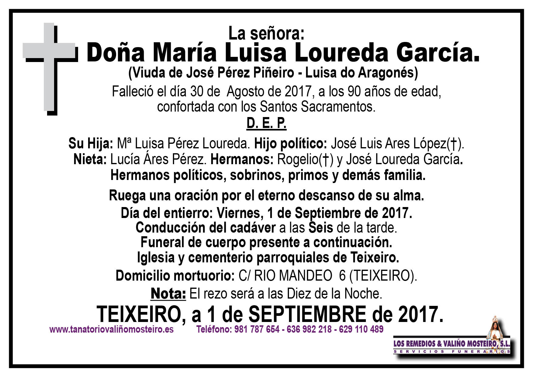 Esquela de María Luisa Loureda García.